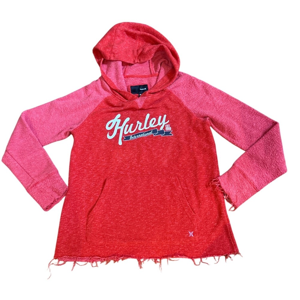 Hurley Hoodie Women Red Pink Colorblock Graphic Raw Hem SIZE M